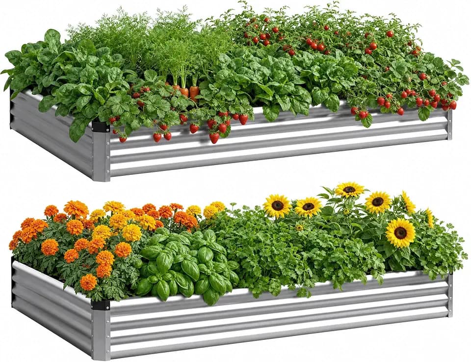2PCS 6x3x1 FT Rectangle Metal Raised Garden Bed Kit, 0.5mm Thickened Silver Color-Coated Galvanized Steel Outdoor Planter Box, Elevated Metal Raised Planters for Flowers, Vegetables, Fruits, Herbs