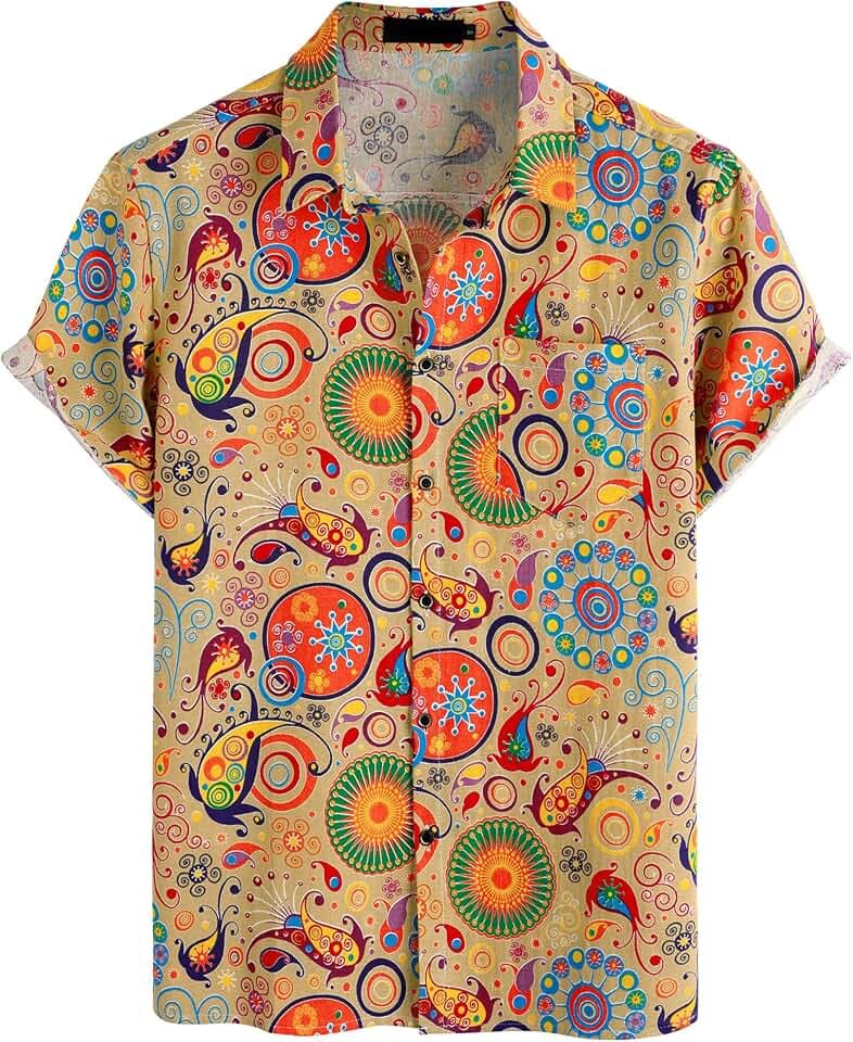 PARKLEES Herrenhemd aus Baumwollleinen, 70er-Jahre-Stil, Vintage-Muster, lässig, kurzärmelig, Retro-Shirt