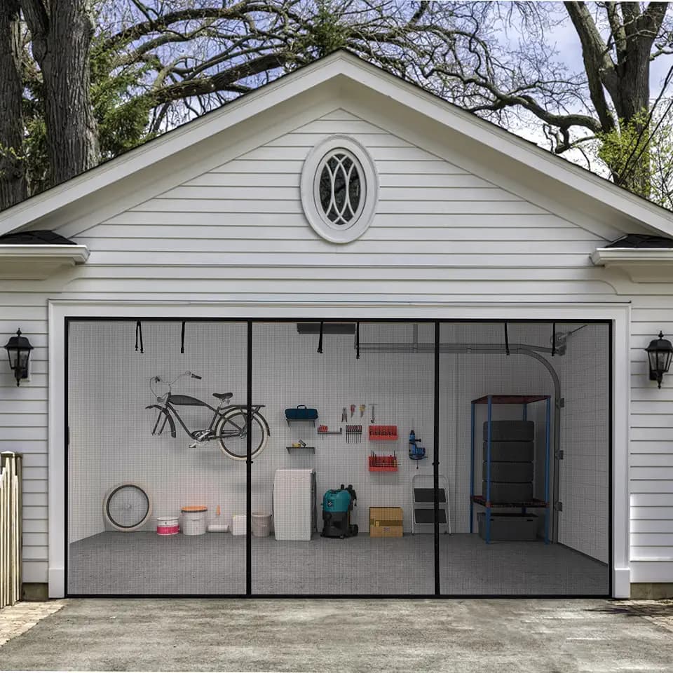 HBlife Garage Screen Doors for 2 Car Garage,16x9FT Fiberglass Magnetic Garage Door Screen, Hands Free Retractable Garage Net Screen Door Mesh with 6 Roll Up Starps and 30 Magnets for Patio, Gym, Porch