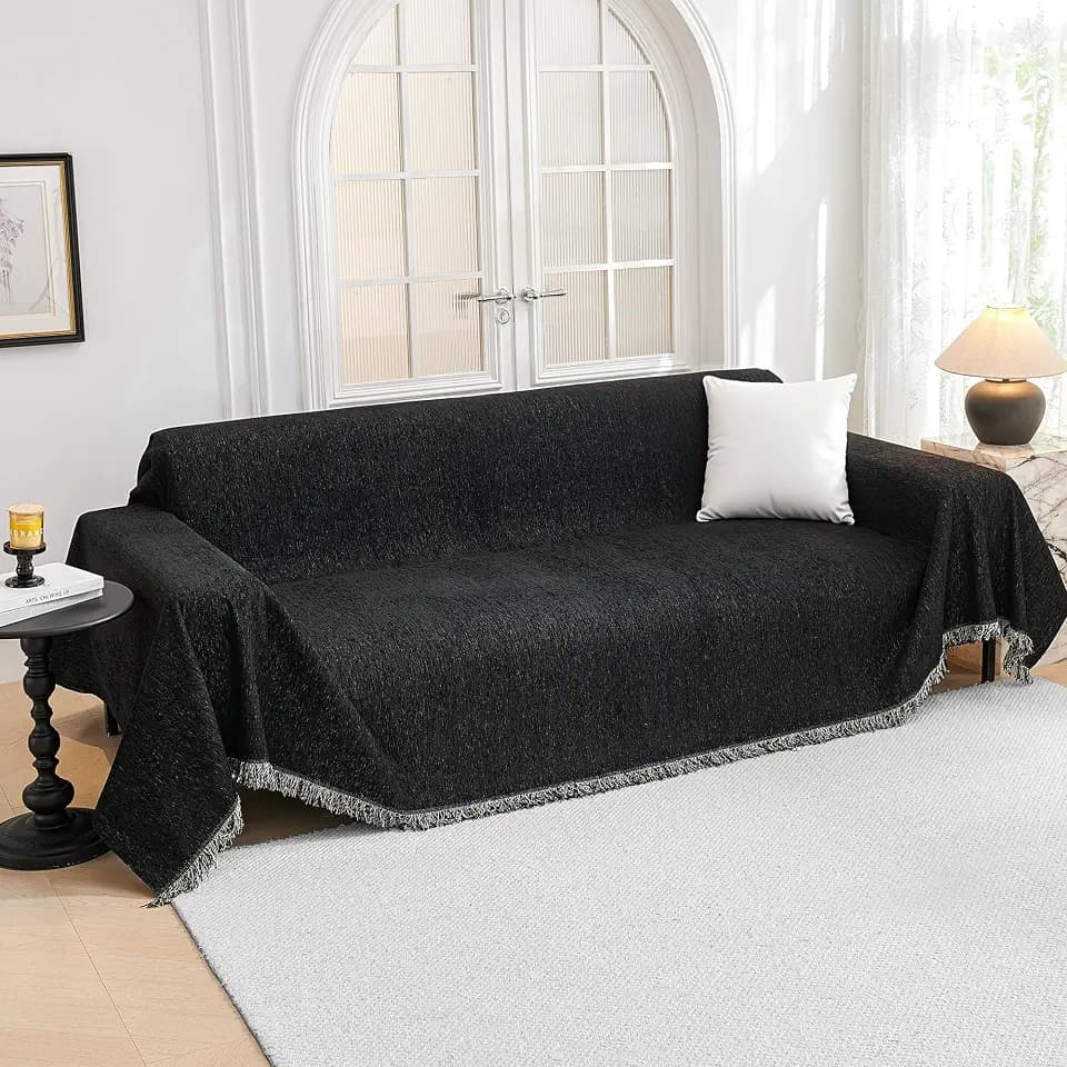 MYSKY HOME Chenille Sofa überzug, Sofabezug 3/4 Sitzer Schwarz 230x380cm