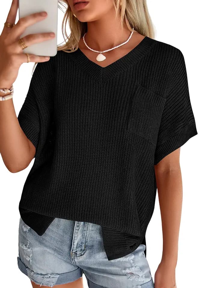 PRETTYGARDEN Women's 2026 Spring Short Sleeve Sweaters Lightweight V Neck Casual Going Out Summer Tops Beach Vacation Clothes