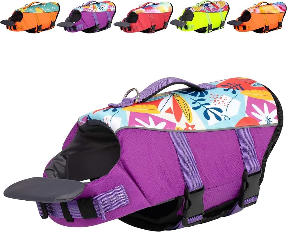cyeollo Dog Life Jacket Printed Dog Life Vest for Swimming Boating, Adjustable Pet Safety Vest with Rescue Handle Reflective Lifejackets with Front Float for Small Medium Large Dogs, Purple L