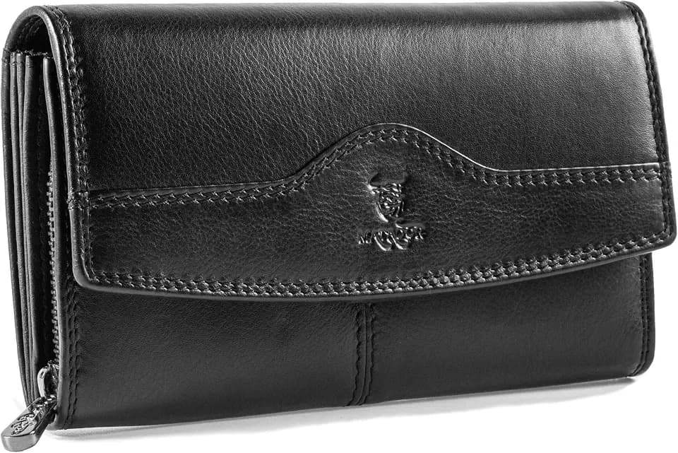 MATADOR Lima Geldbeutel Damen Leder | Portemonnaie Groß RFID Schutz | Ledergeldbörse mit Vielen Fächern | Schwarz