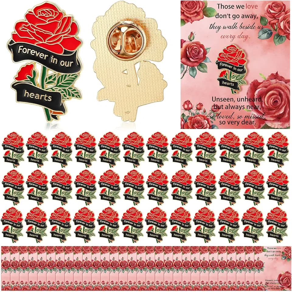 Suncalla 65 Sets Funeral Favors Memorial Rose Pins with Prayer Card