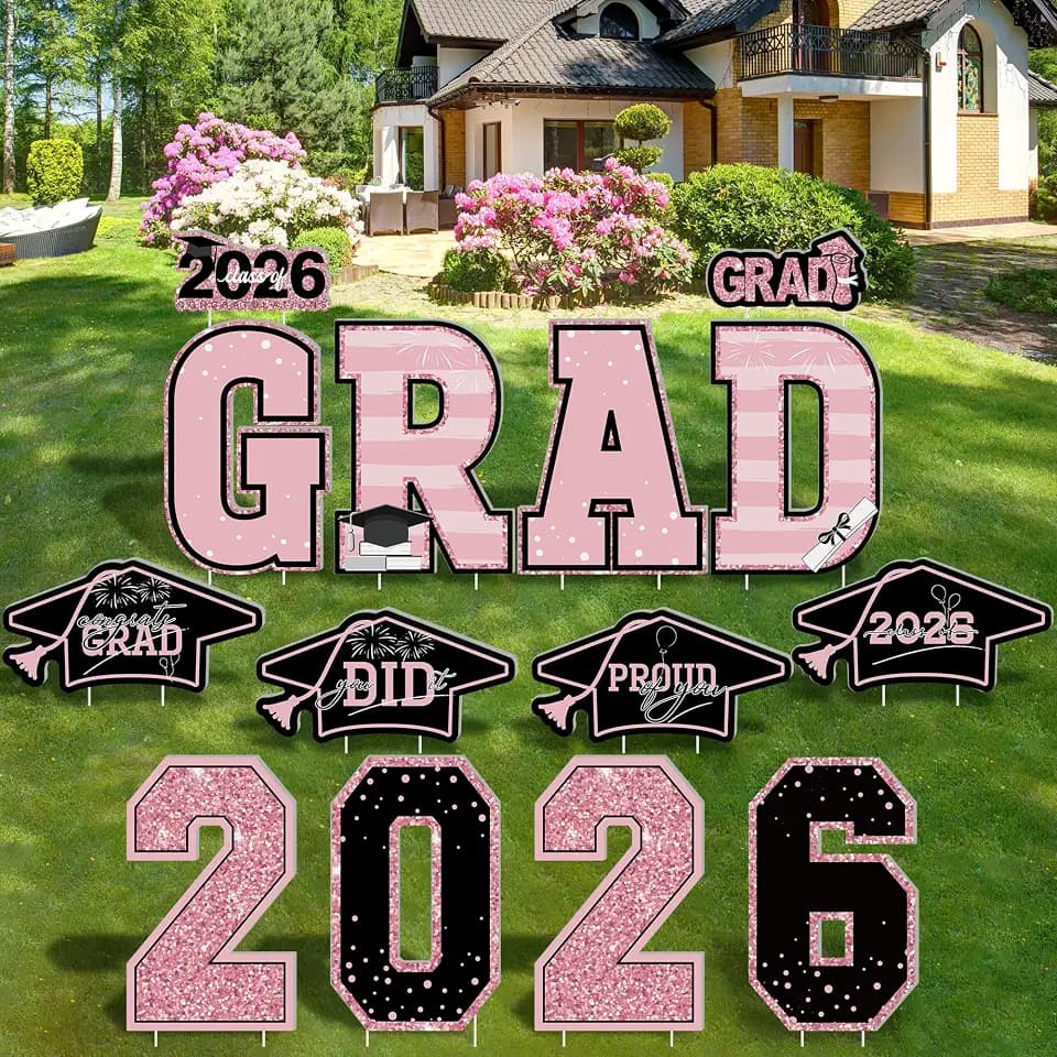 14PCS Pink Congrats Grad 2026 Lawn Yard Sign for Graduation Decoration 2026