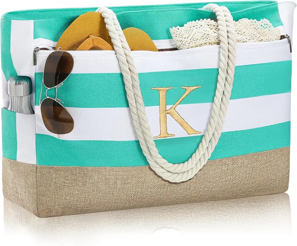 YOOLIFE Initial Beach Bag Waterproof Tote, Gifts for Women Her Birthday