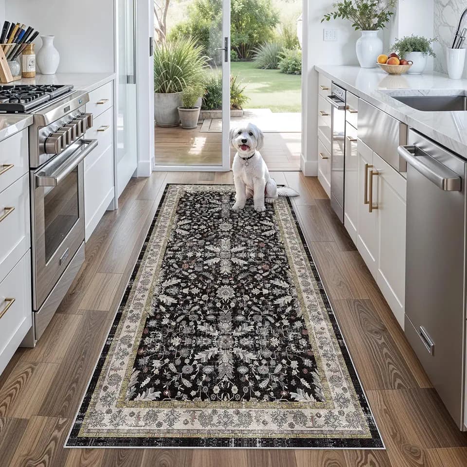 3x6 Kitchen Runner Rug Non Slip Washable - Soft Low Pile Stain-Resistant Wide Carpet Runner for Hallway Entryway Bedroom Bathroom with Rubber Backing - Boho Floral Door Mat(Black,3x6)