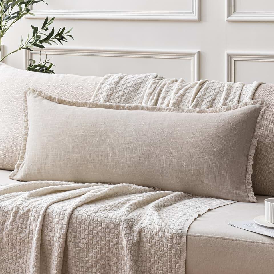 ANRODUO Decorative Linen Fringe Pillow Covers 14×36 Natural Beige 1 Pack
