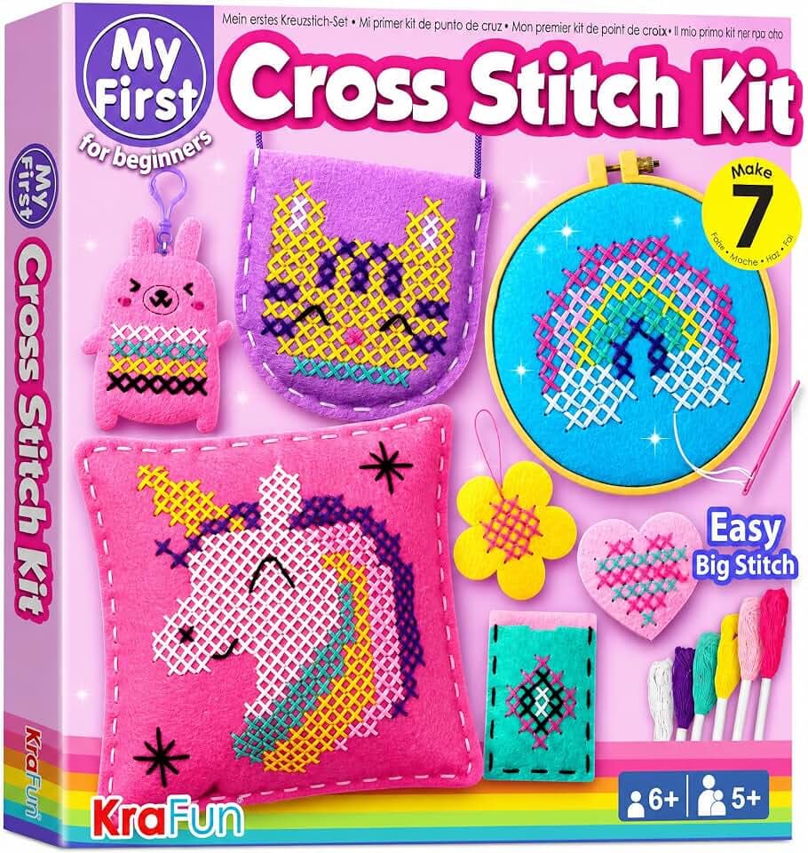 KRAFUN Cross Stitch Kit for Kids Age 5+ | 7 Beginner Projects