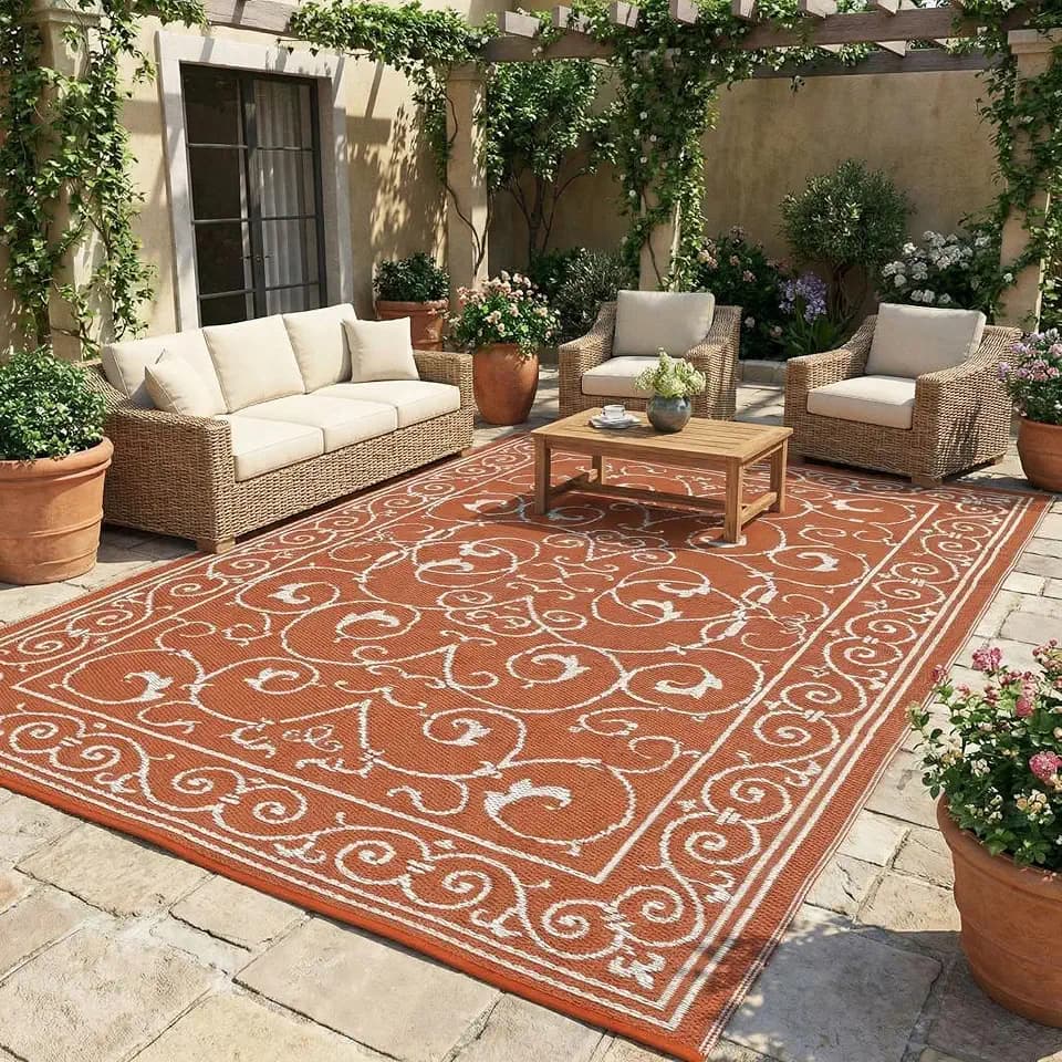 GAOMON Outdoor Rug Waterproof 9x12 Patio Rug Durable Indoor Outdoor RV Mat, Reversible Camping Carpet, Foldable Plastic Straw Rug for Patio, Porch, Deck, Balcony, Beach,Vintage-Orange