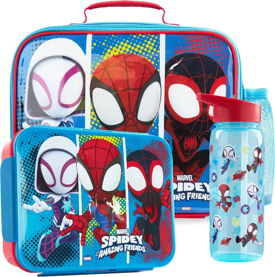 Get Trend Spidey und Seine Super-Freunde Brotdose Kinder Set 3-Teilig, Isolierte Lunchtasche, 640ml Trinkflasche & Snackbox mit Fächern, BPA Frei, Bento Box Set für Schule & Picknick (Multi Spidey)