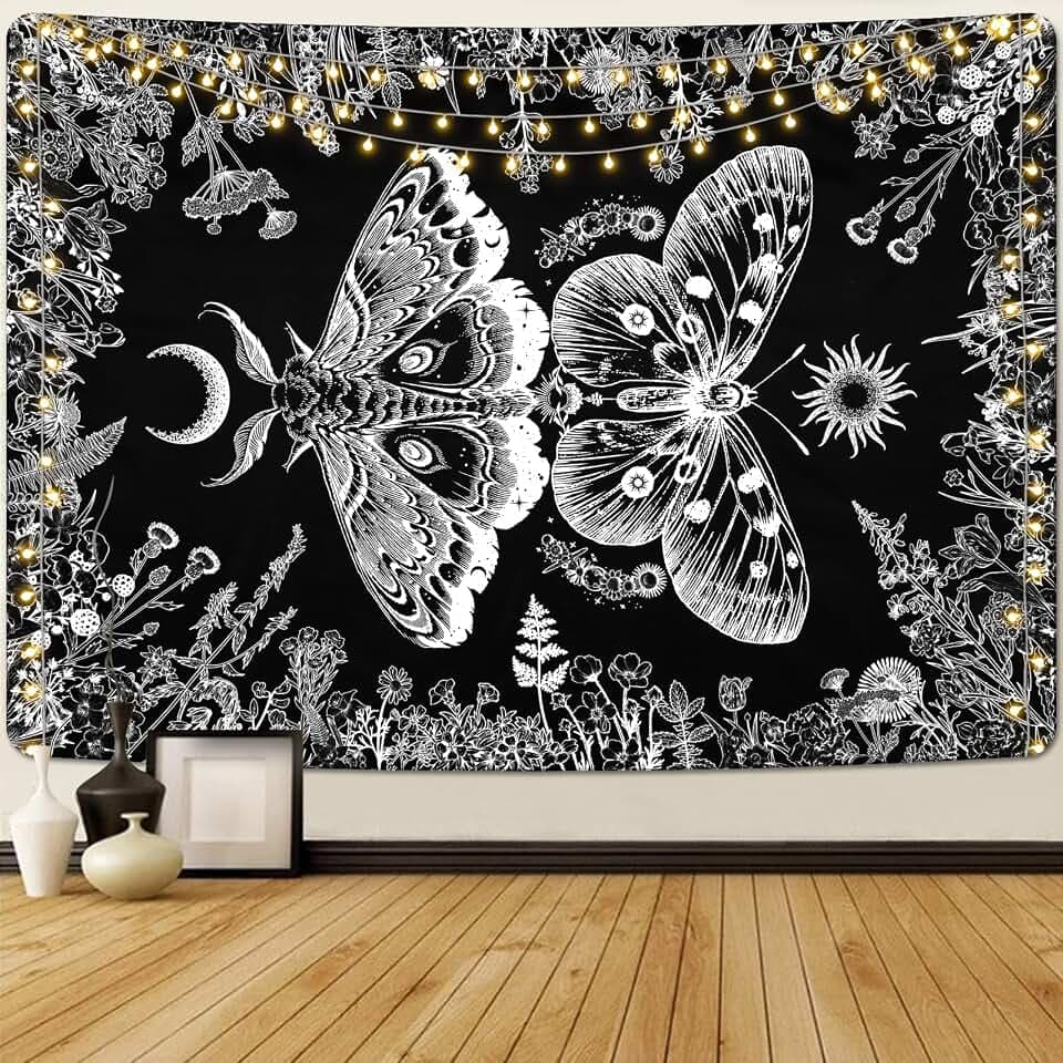 Alishomtll Wandteppich mit Schmetterling, Sonne und Mond, Schwarz und Weiß, botanisches Blumenmuster, schwarz, Wandbehang, Schlafzimmer, Schlafsaal, ästhetischer dekorativer Wandteppich, schwarz, 210