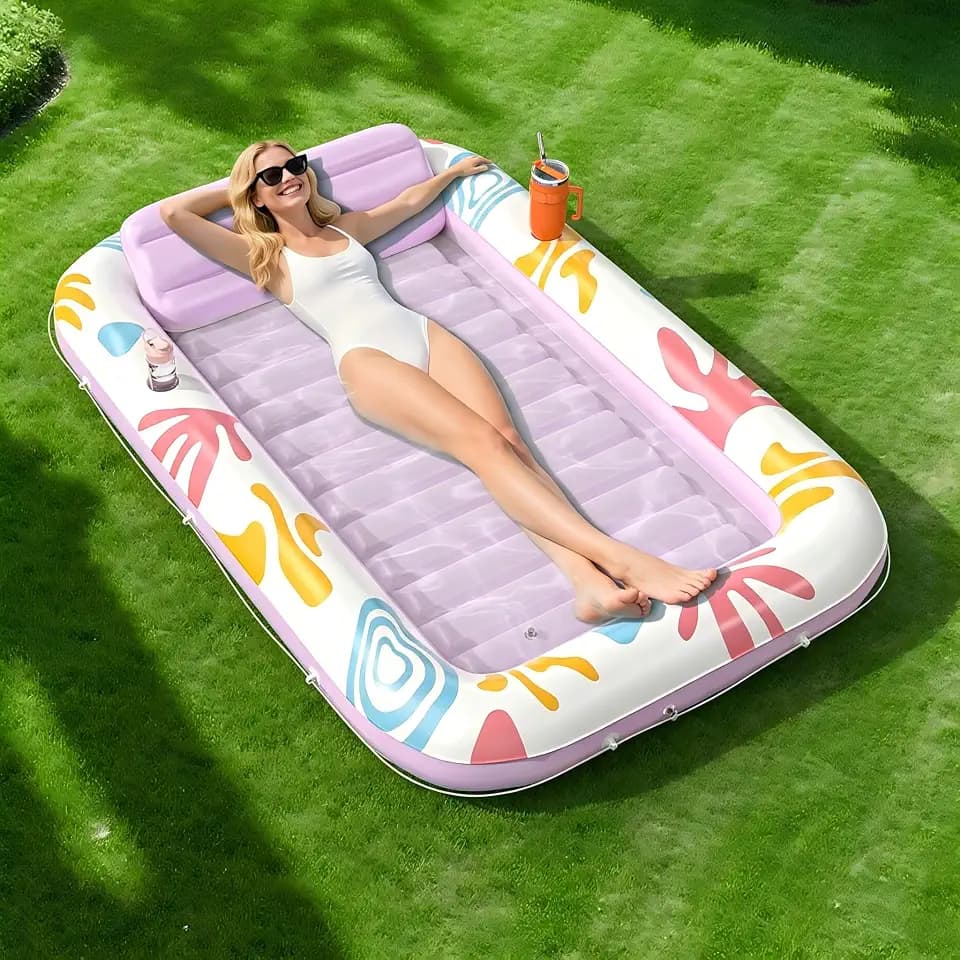 Inflatable Tanning Pool Lounger Float, 70" x 46" Pool Floats Adult w/Pillow, 6 in 1 Suntan Tub Raft Floatie, Sunbathing Water Bed Lounge Blow Up Kids Ball Pit Party Gifts-Purple