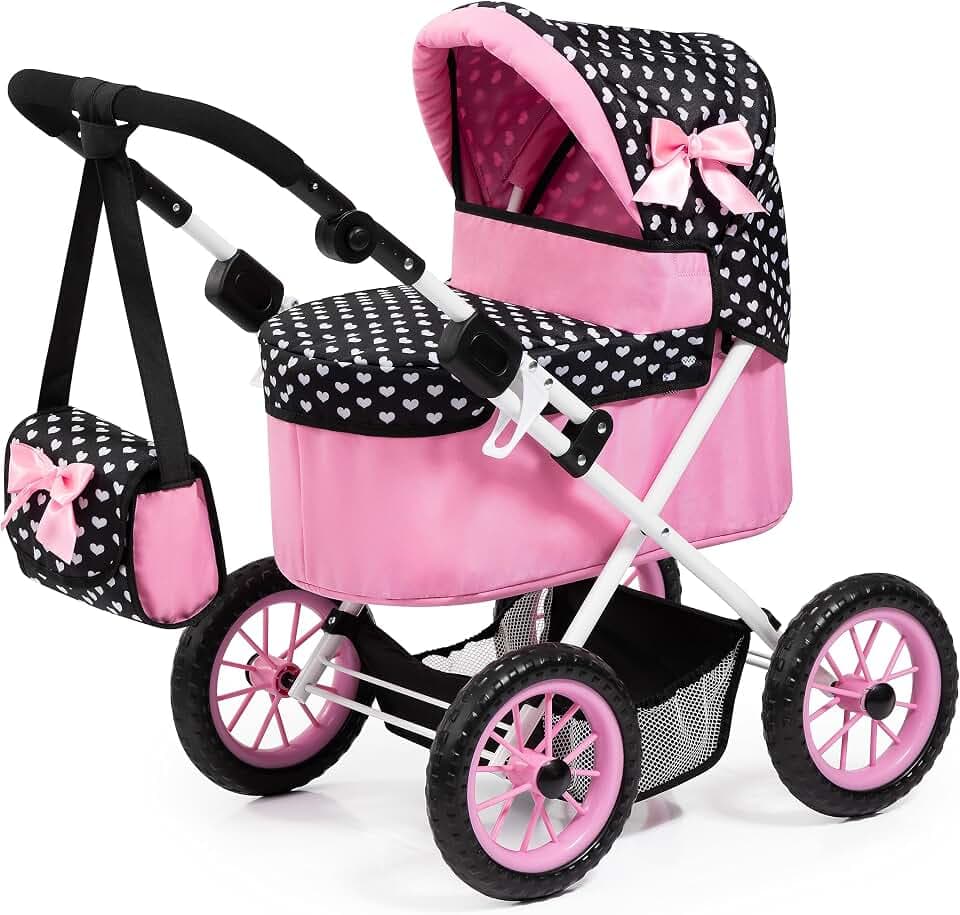 Bayer Design 13060AA Puppenwagen Trendy, mit Tasche, höhenverstellbarer Griff, große Räder, integrierter Korb, faltbar, Schwarz, Rosa, Weiß
