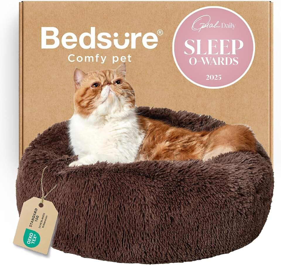 Bedsure Calming Cat Beds Donut Round Washable Kitten Bed,20 inches Coffee
