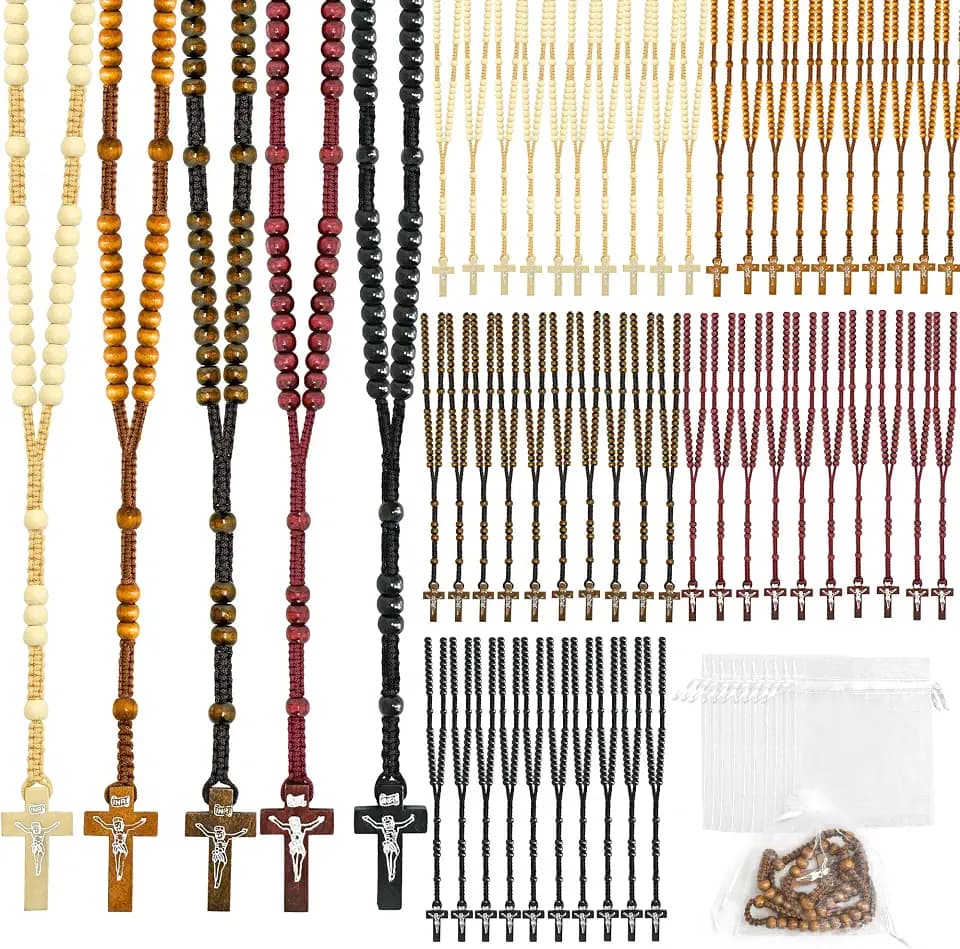 50 Sets Wooden Rosary Beads Bulk 5 Colors Catholic Rosaries Jesus Holy Cross Wood Catholic Carved Beads with Jesus Cross Pendant Bags Religious Rosaries Christians Prayer Present for Men Women Supplies