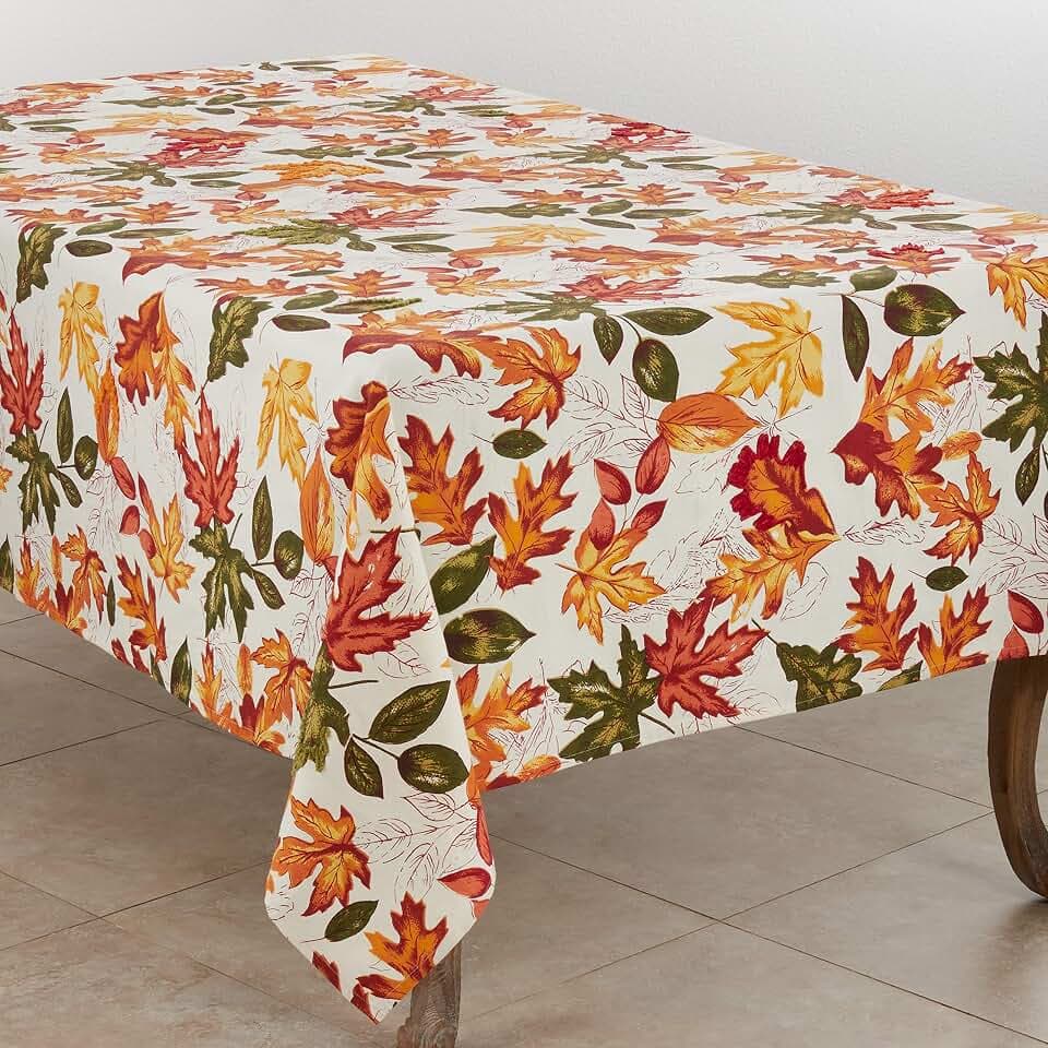 SARO LIFESTYLE L'automne Collection Embroidered Autumn Leaves Tablecloth, 65"x104", Multi