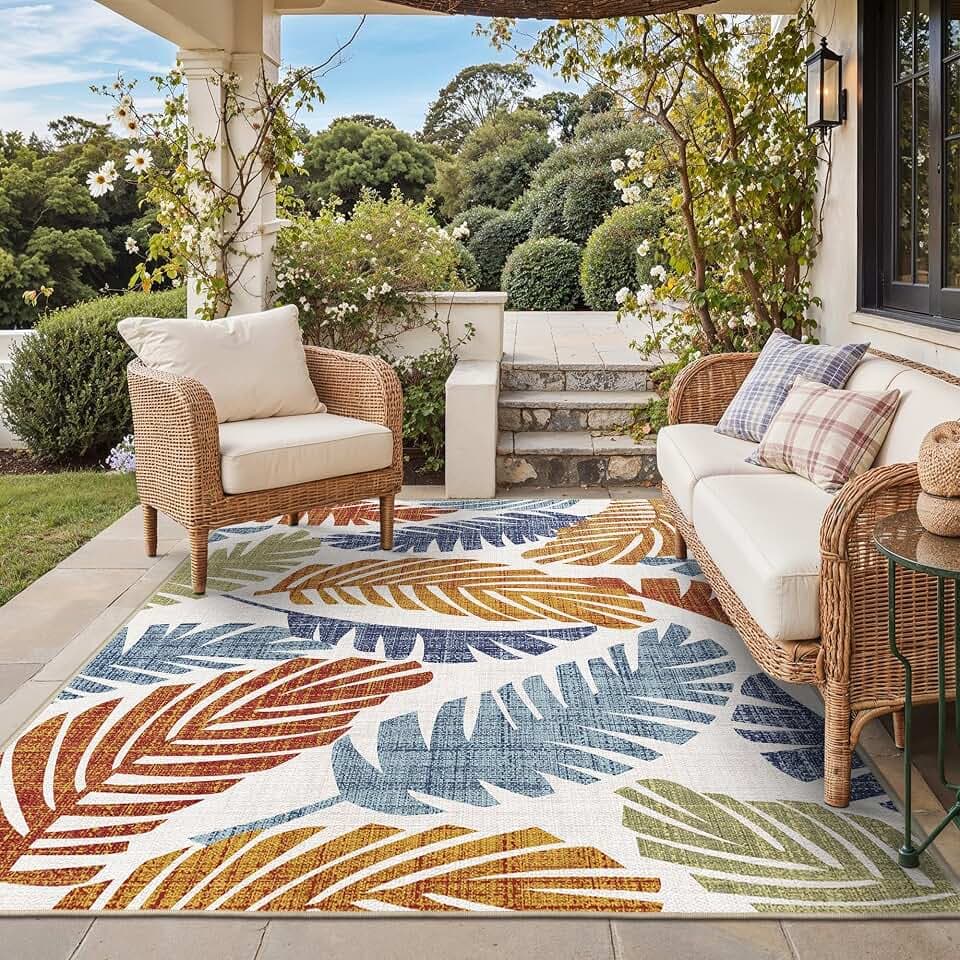 GENIMO 5x8 Outdoor Rug, Washable for Patio and Deck, Leaf Rust Navy