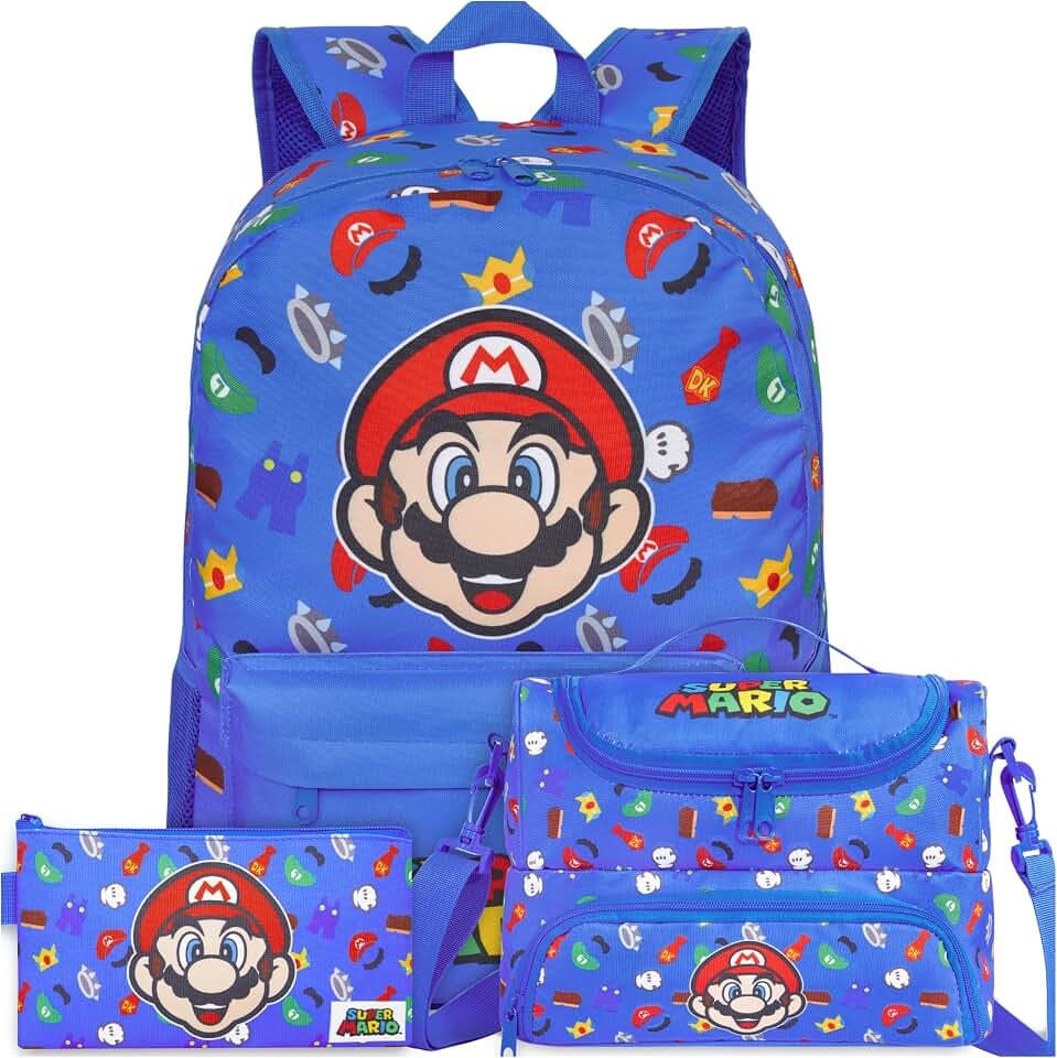 Get Trend Super Mario Rucksack Kinder 3er Set, Großer Kinderrucksack 46cm mit Federmäppchen und Isolierte Lunchtasche, Schulrucksack Set für Schule Freizeit (Blau/Multi Mario)