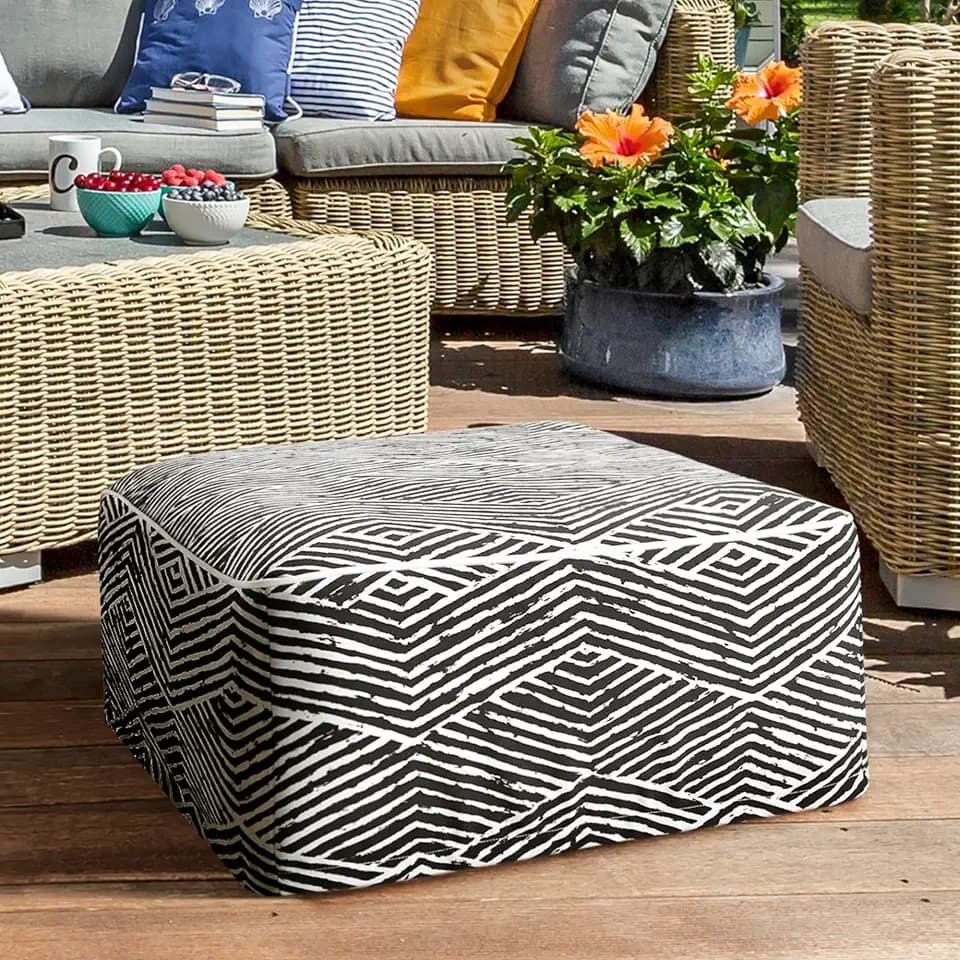 510 Design Inflatable Ottoman Stool Portable Pouf, Handle, Inflatable Foot Rest, Weatherproof & Water Repellent Indoor/Outdoor Ottomans for Patio Garden, Camping, Pool, 23"L x 23"W x 9"H, Black/White