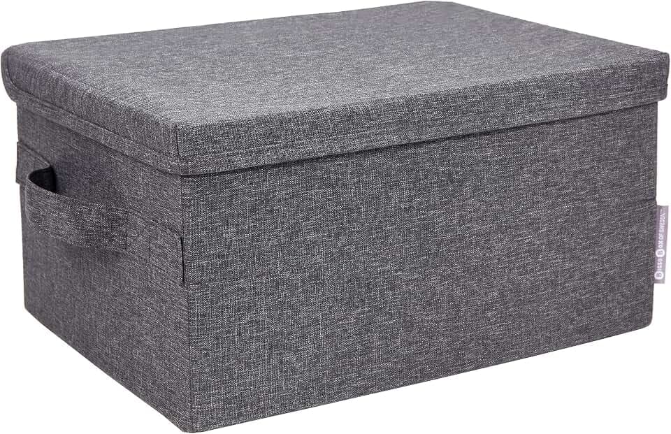 BIGSO kleine Aufbewahrungsbox mit Deckel und Griff – Schrankbox aus Polyester und Karton in Leinenoptik – Faltbox für Kleidung, Accessoires, Spielzeug usw. – grau