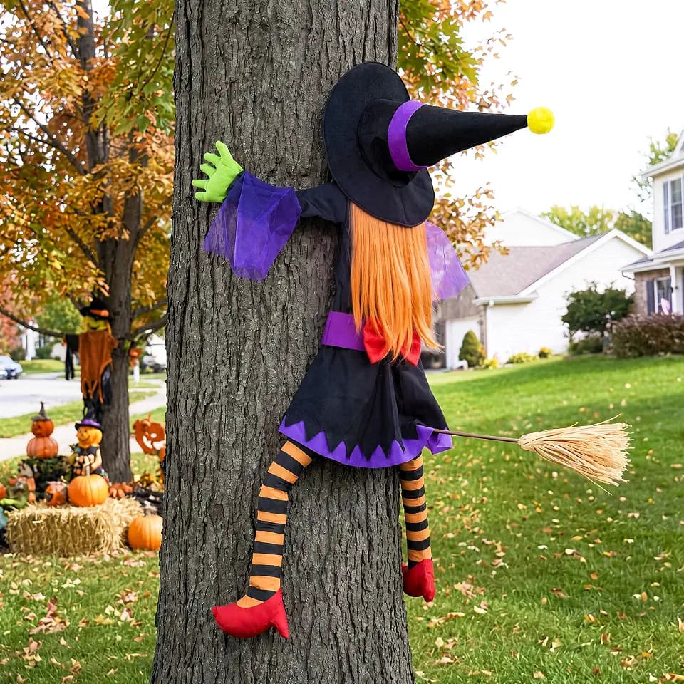 JOYIN 56'' Crashing Witch Halloween Tree Decorations Outdoor, Flying Witch on Broom Hanging Decorations for Yard, Porch, Door, Lawn, Haunted House Prop