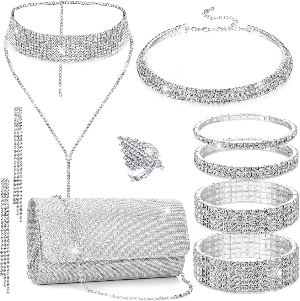EIELO Rhinestone Jewelry Set for Women Wedding Bridal Triangle Clutch Bag Silvery Clutch Purse Glitter Choker Necklace Tennis Stretch Bracelets Ring Dangle Fringe Earrings Set