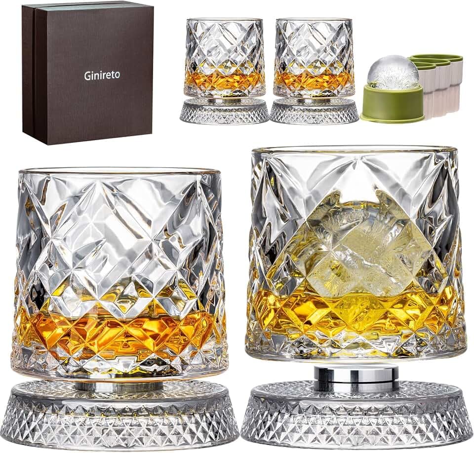 Spinning Whiskey Glasses Set of 4, Rotating Base, Gift Box for Whisky Lover