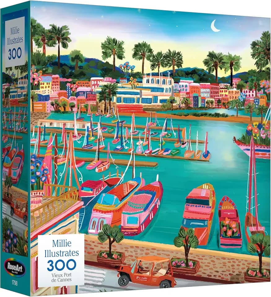 RoseArt - Millie Illustrates - Vieux Port De Cannes - 300 Piece Jigsaw Puzzle - Colorful Scenic Travel Art Illustrated Puzzle for Adults