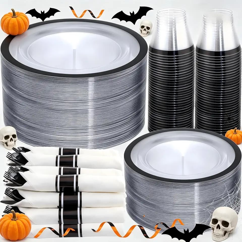 I00000 350Pcs Black Plastic Dinnerware Set,Disposable Plates for 50 Guests