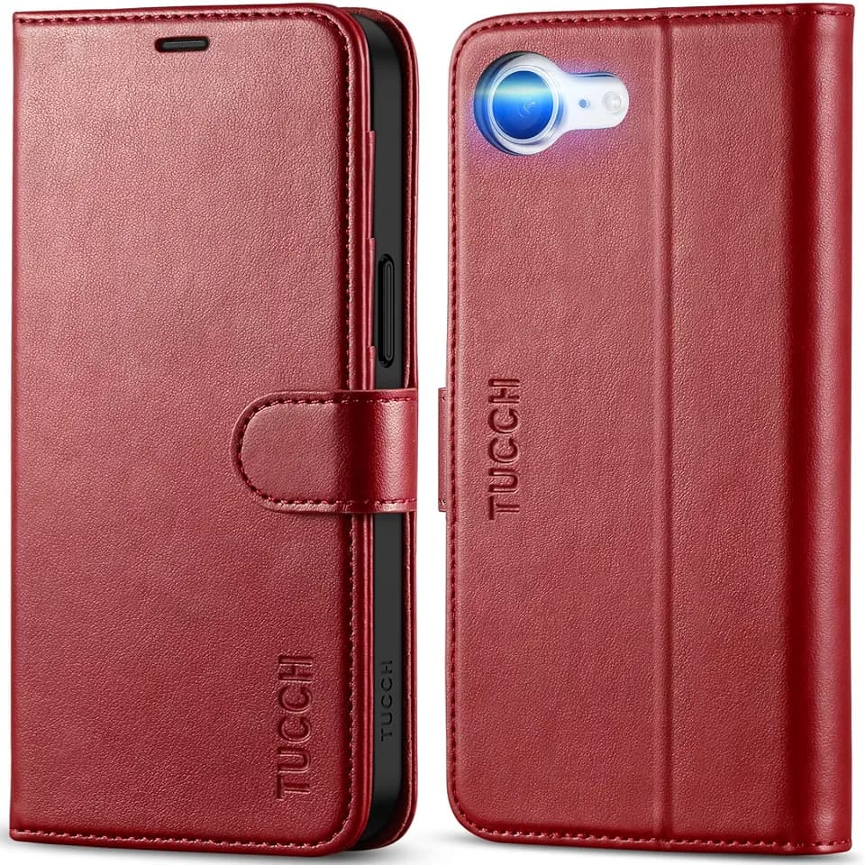 TUCCH Wallet Case for iPhone 17e & 16e (6.1"), 4 Card Slots, Dark Red