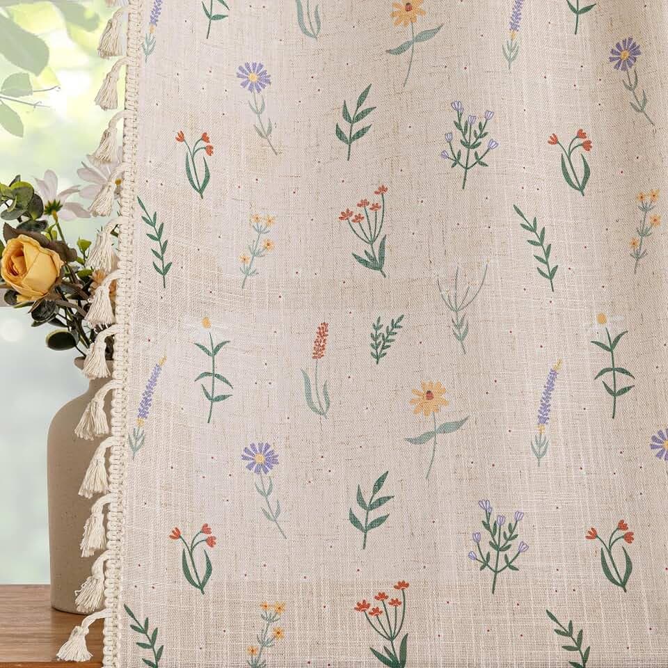 MYSKY HOME Floral Boho Semi Sheer Linen Blend Farmhouse Curtains 84 Inches Long 2 Panels Set Cute Flower Printed Drapes with Tassels Back Tab Rod Pocket for Living Room Bedroom, 50" Wide, Dusty Pink