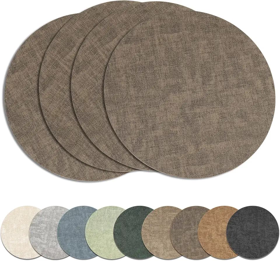 13" Round Placemats Set of 4, Reversible Faux Leather Wipeable Table Mats