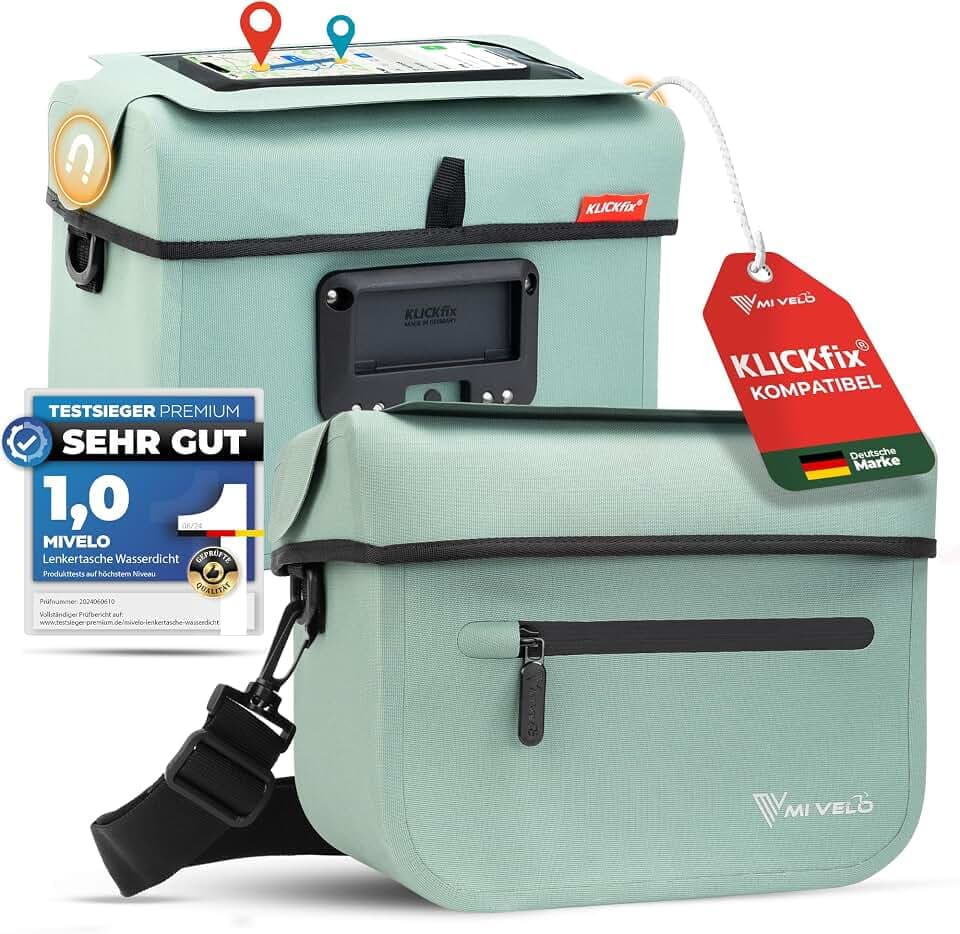 MIVELO Lenkertasche Fahrrad passend für KLICKfix - 100% wasserdicht - Fahrradtasche Lenker - abnehmbares Handyfach - Tasche Lenker - E-Bike tauglich (Mint, ohne Adapter)