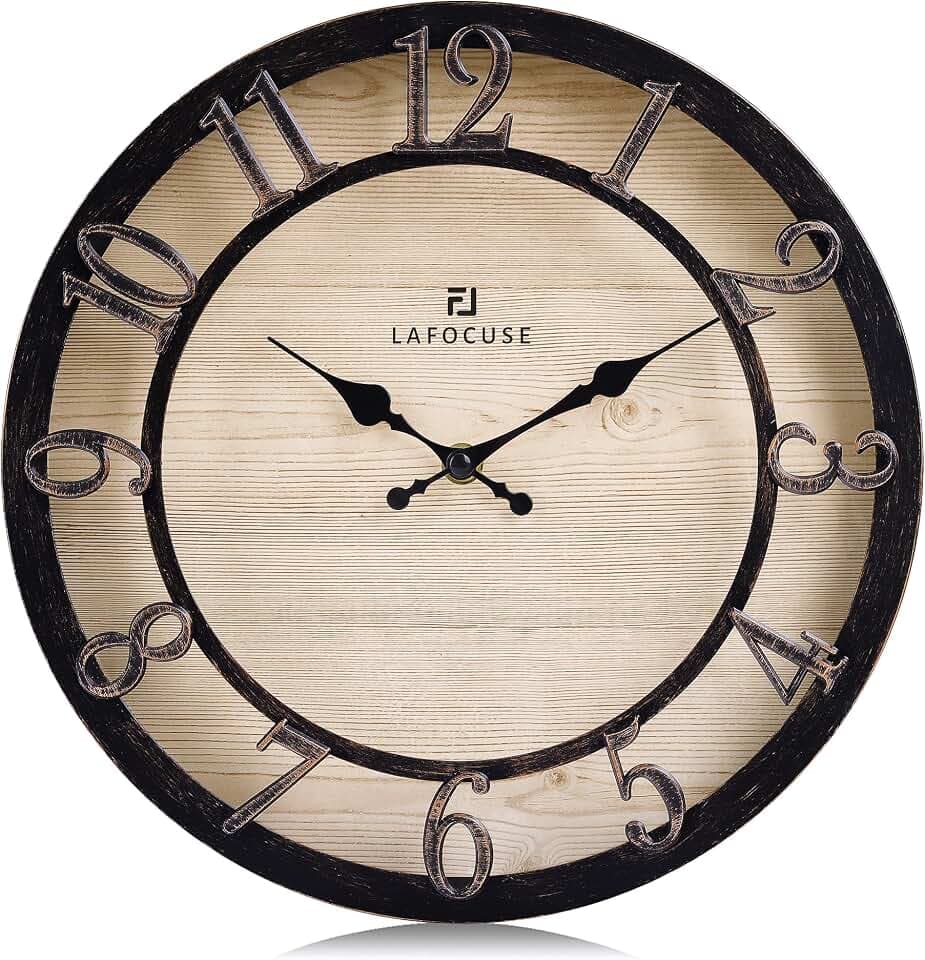 Lafocuse 30cm Wanduhr ohne Tickgeräusche mit Große Erhöhte 3D-Ziffern, Rustikale Landhausstil Stille Wanduhr Vintage Dekorativ für Wohnzimmer Schlafzimmer Küche, Schwarz
