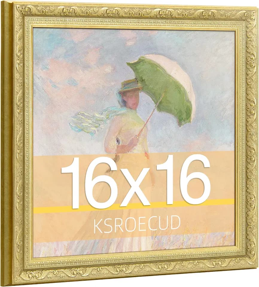 16x16 Picture Frame, HD Real Glass 16x16 Ornate Vintage Photo Frame, 16 by 16 Oil Painting Poster Frame with Vintage Gold Border and Distressed Rust-Like Finish, Horizontal & Vertical Display for Tabletop or Wall Decor (1 Pack）