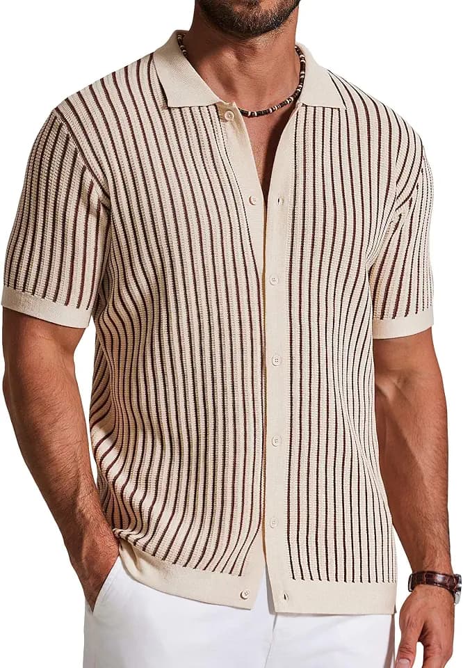 COOFANDY Mens Knit Button Down Shirts Short Sleeve Polo Shirt Vintage Striped Casual Shirts