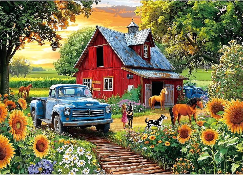 Country Farm Puzzle for Adults 1000 Piece, Vintage Red Barn with Blue Truck