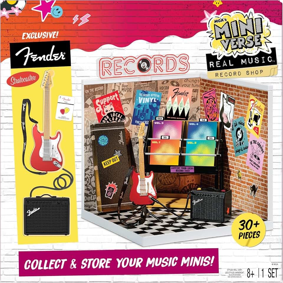 MGA's Miniverse Real Music Record Shop Deluxe Display Set, Licensed Fender Guitar & Accessories, Mini Record Store Furniture, Customizable Music Shop Scene, Mini Collectibles, Ages 8+
