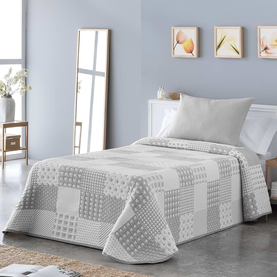 VIALMAN Leichte Bouti-Tagesdecke Sofia 21 für Einzelbett mit 90 cm Breite | Tagesdecke für 90 cm Bett | Größe Tagesdecke 180 x 270 cm, Grau