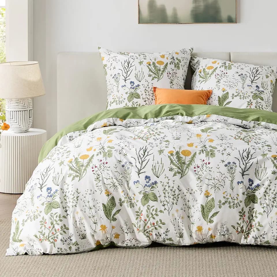 BEDSURE Bettwäsche 200x200 Baumwolle 3teilig - Salbeigrün Blumen