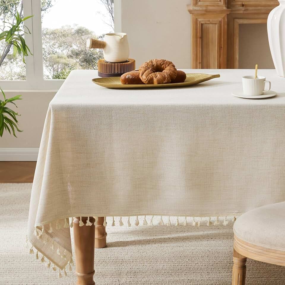 Tassel Linen Square Table Cloth, Light Tan 60x60 Inch