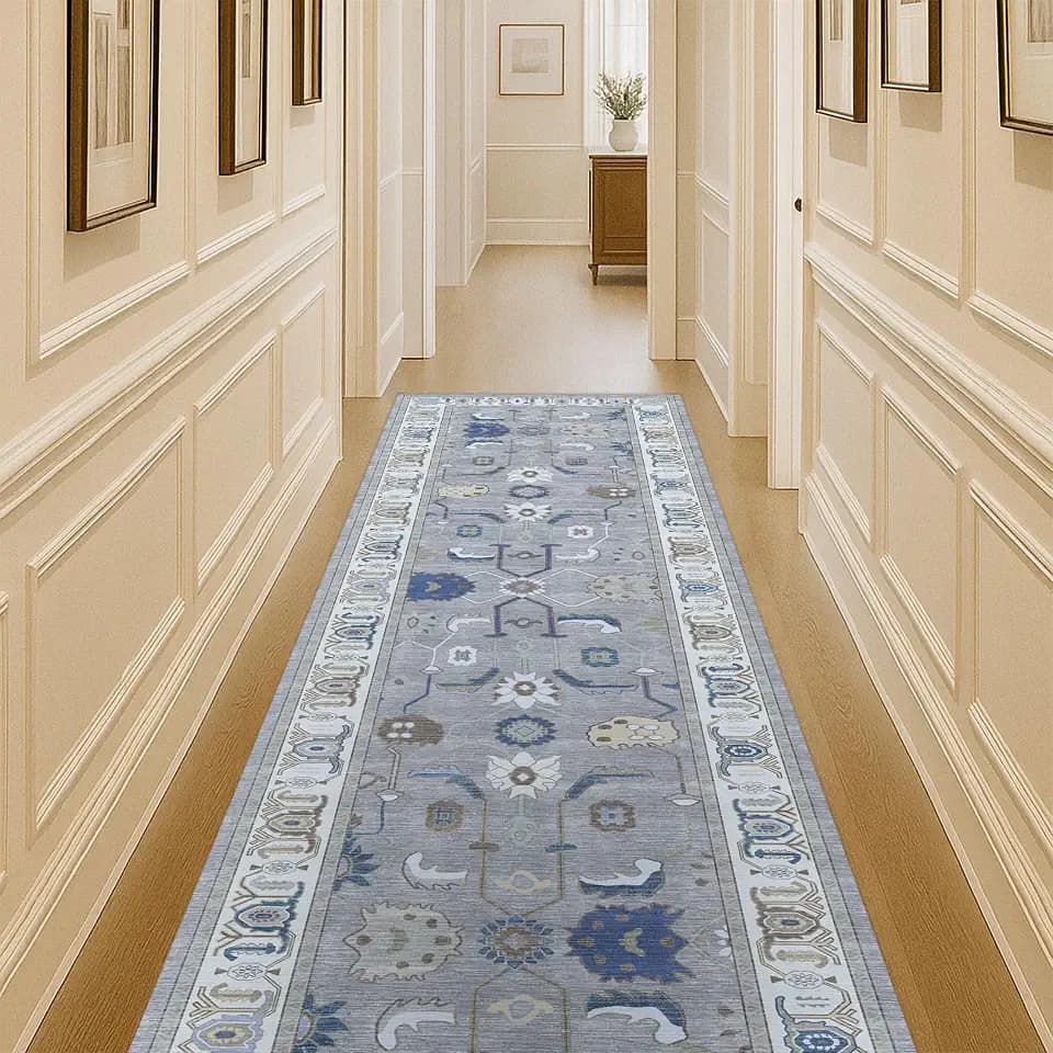 Fame Living Grey Oushak Runner Rug, Modern Runners, Vintage, Turkish, Eclectic, Floral, Pastel, Washable, Runner for Hallway, Kitchen, Bedroom, Bathroom, 2'5"x9'8"