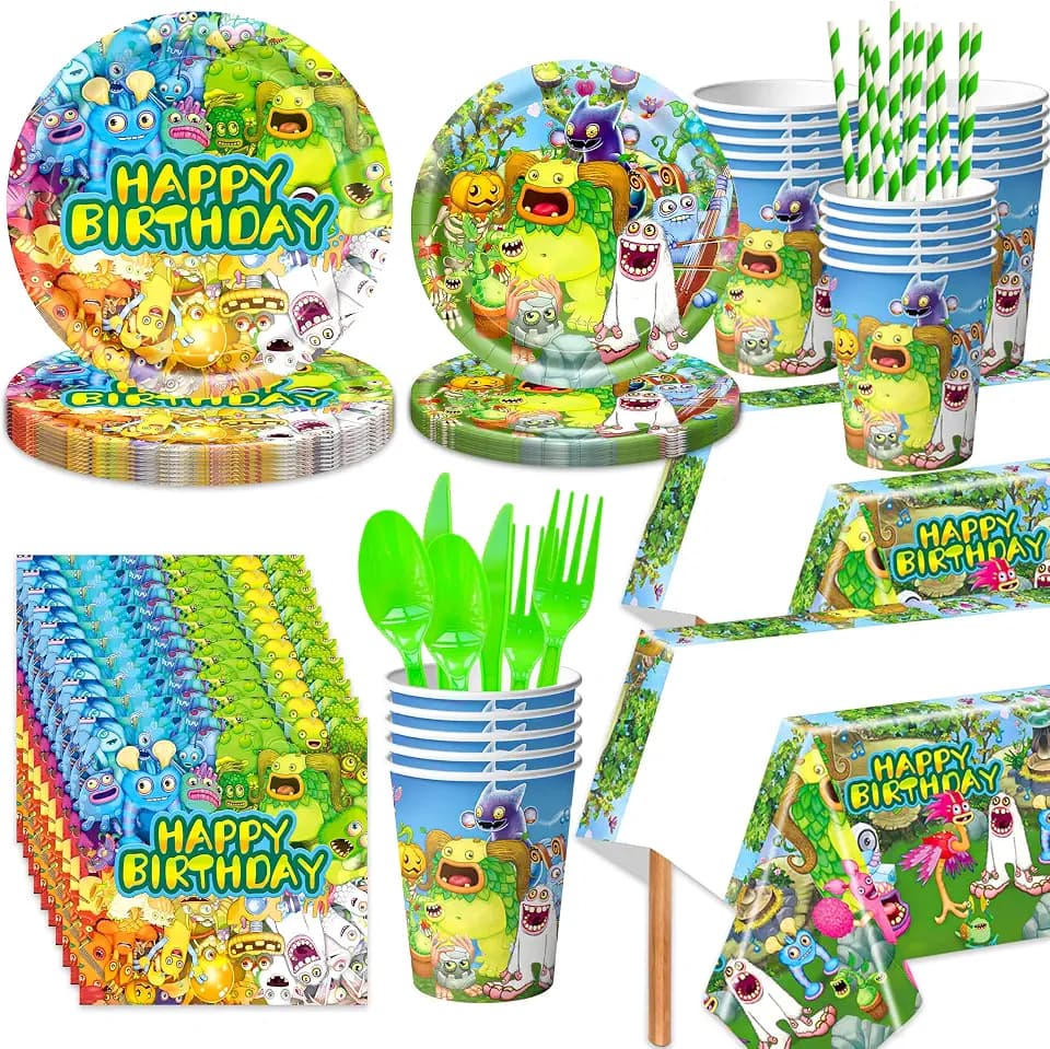 Monster Theme Birthday Party Supplies Include Plates-Cutlery-Spoons-Cups-straws-Tablecloth and Napkins for Monster Party Decorations 24 Guests