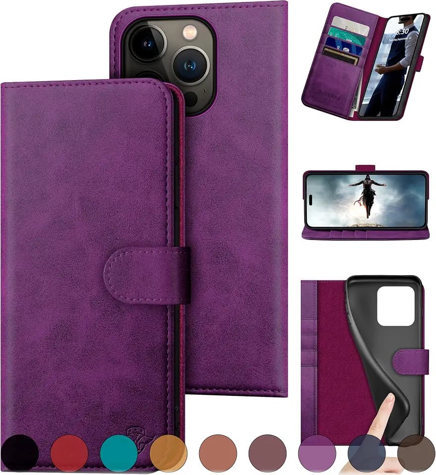 DuckSky compatible with iPhone 16 Pro Max 6.9" Genuine Leather Wallet case【RFID Blocking】【4 Credit Card Holder】【Real Leather】Flip Folio Book Phone case Cover Women Men for Apple 16 ProMax case Purple