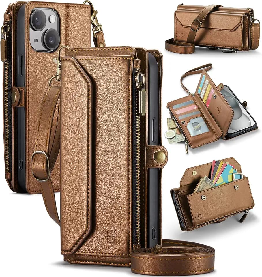 Strapurs for iPhone 15 Plus - Zipper Strap Wallet Case for Women, Brown