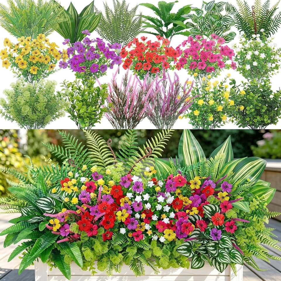 Künstliche Pflanzen Blumen 24 Stück Wetterfest Balkonpflanzen