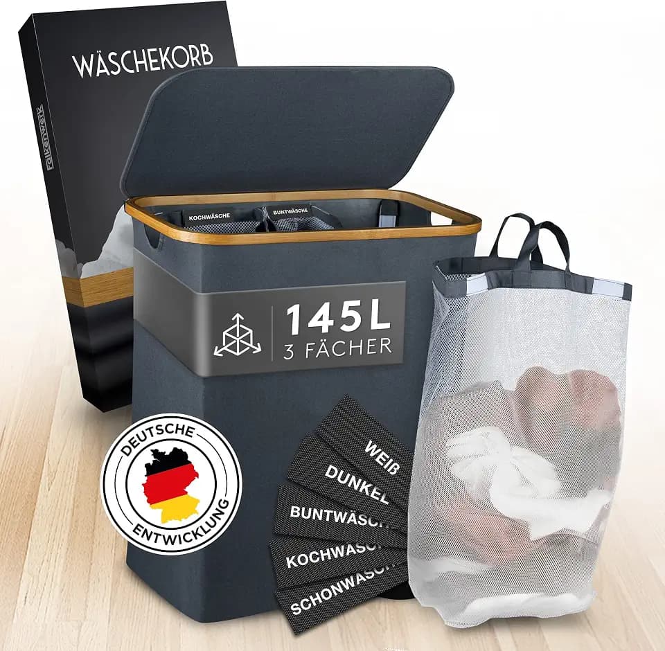 FALKENWERK Wäschekorb mit Deckel 145L - Wasserabweisender Wäschesammler 3 Fächer & herausnehmbaren Wäschesäcke - Faltbare Wäschebox mit Waschhinweisen - Wäschekorb 3 Fächer
