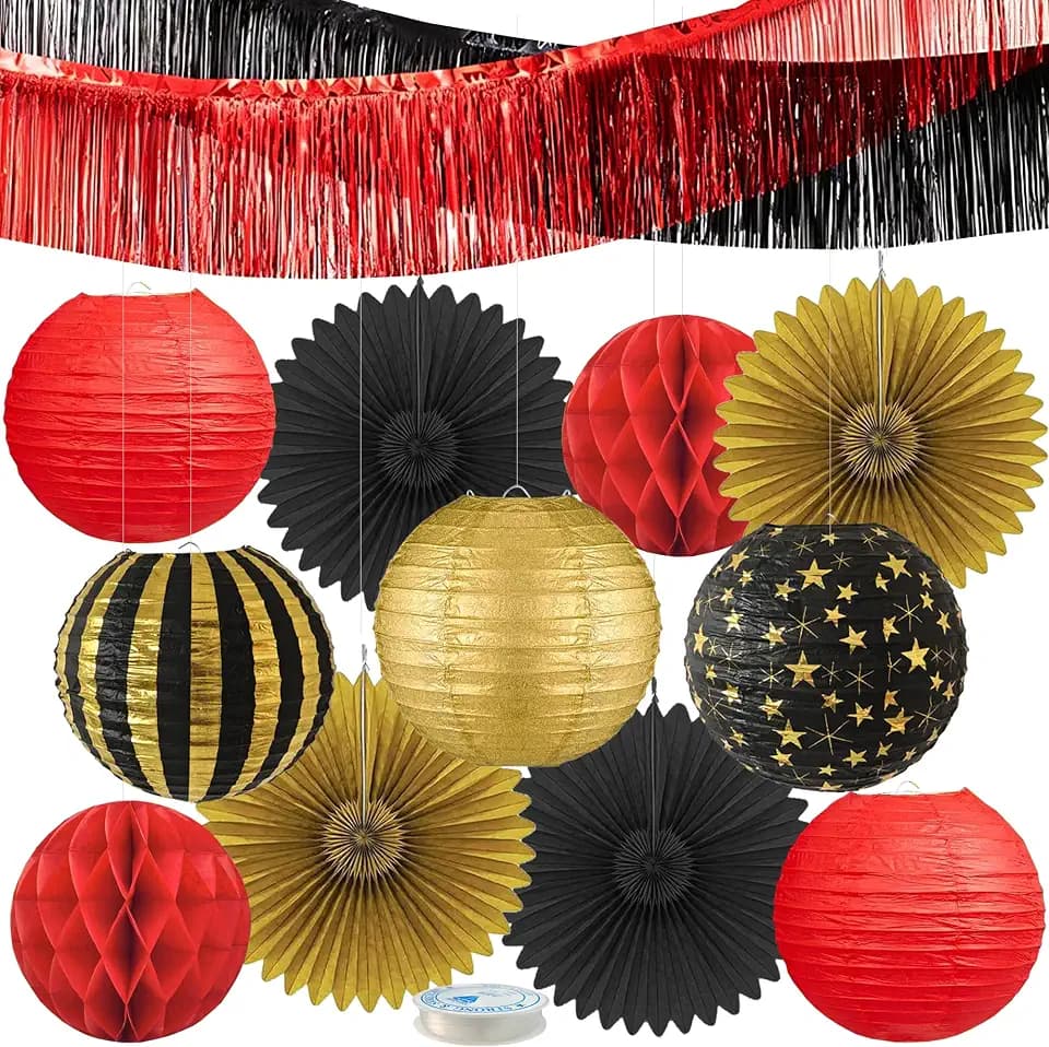 LOMOSO Red Black Gold Party Decorations Paper Fans Streamers Lanterns