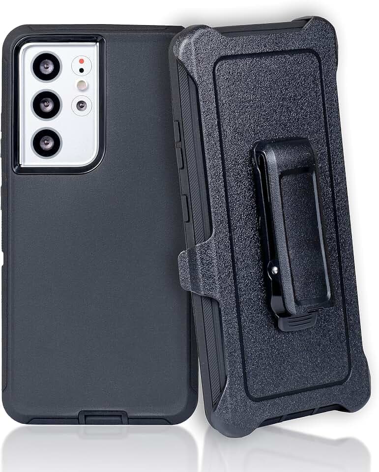 Case for Galaxy S21 Ultra (6.8") Heavy Duty Full Body Military Grade Drop Protection Carrying Cover Holder | Holster for Men Belt with Clip Stand – Black/Black